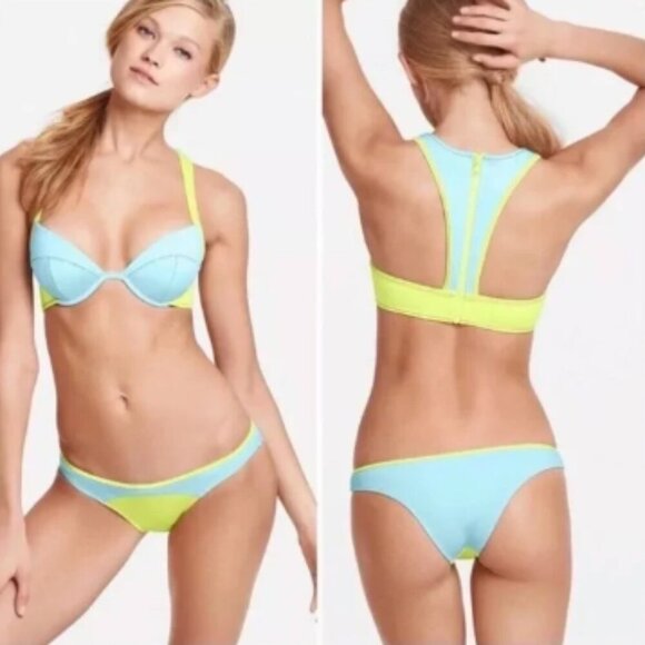Victoria’s Secret Neoprene Blue Green Zipper Racerback Bikini Top Size 34DD - Picture 1 of 8